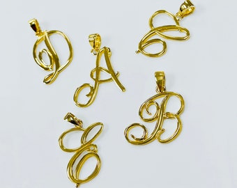 Solid 14k Yellow Gold Elegant Plain Cursive Script Initial Letter Charm Pendant Necklace