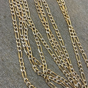 Solid 14k Gold 2mm Figaro Chain 3+1 Pave Two-Tone Link Necklace with Lobster Clasp, Available in 16 inch, 18 inch, 20 inch, 22 inch, 24 inch
