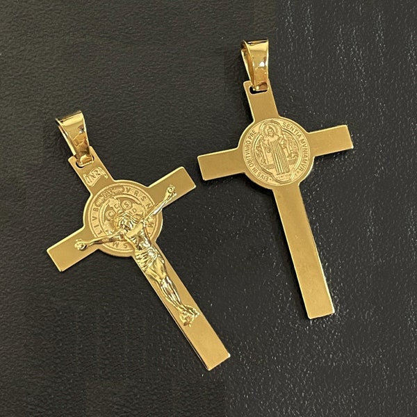 Solid 14k Yellow Gold Traditional and Classic Large Saint Benedict Cross San Benito Crucifix Pendant Necklace - 48 mm x 27 mm