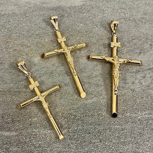 14k Yellow Gold Traditional Religious Jesus Crucifix INRI Tubular Cross Pendant - 3 Sizes Available