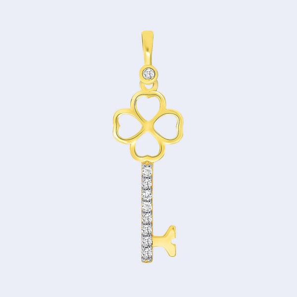 14k Yellow Gold Cubic Zirconia Open Four Leaf Clover Key To My Heart Love Pendant