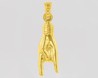 Polished 14K Yellow Gold Hand Charm Mano Cornuto Good Luck Sign Pendant Necklace