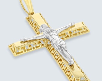 Polished 14K Yellow Gold and White Gold Greek Patterned Large Elegant Cross with Jesus Christ Crucifix Pendant