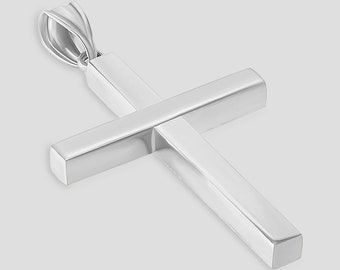 14k White Gold Classic and Traditional Simple Engraveable Religious Hollow Cross Pendant Necklace ( 38mm x 20mm )
