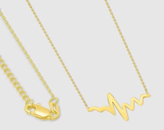 Solid 14k Yellow Gold EKG Heartbeat Necklace with Dainty Rolo Cable Chain Adjustable Chain 16" to 18" (with Lobster Claw Clasp)