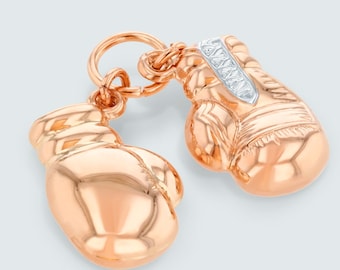 High Polished 14K Rose Gold Two-Tone 3D Boxing Gloves Charm Pink Gold Sports Pendant