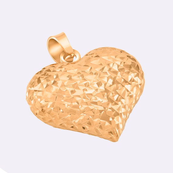14K Yellow Gold Textured Diamond Cut Heart Puff Charm Pendant