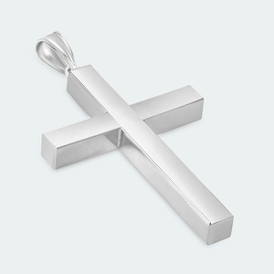 14k White Gold Personalized Engravable Thick Religious Plain Hollow Tube Cross Pendant ( 46 x 25.5 x 4mm )