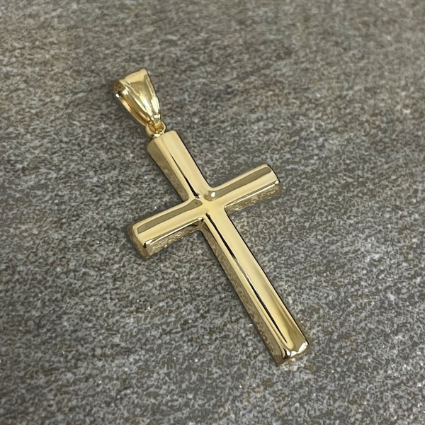 14k Yellow Gold Classic Personalized Religious Cross Pendant Necklace (1.4 inch height) Personalized Cross Charm - Engravable Back