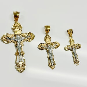 Solid 14k Two Tone Gold Roman Catholic Cross INRI Fleur de Lis Jesus Crucifix Pendant - 4 Sizes