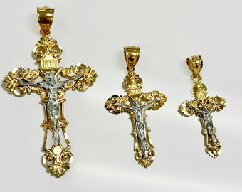Solid 14k Two Tone Gold Roman Catholic Cross INRI Fleur de Lis Jesus Crucifix Pendant - 4 Sizes