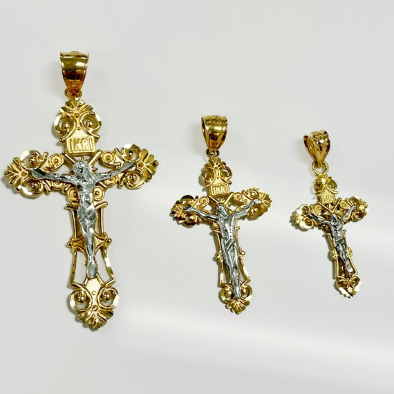 Solid 14k Two Tone Gold Roman Catholic Cross INRI Fleur De Lis