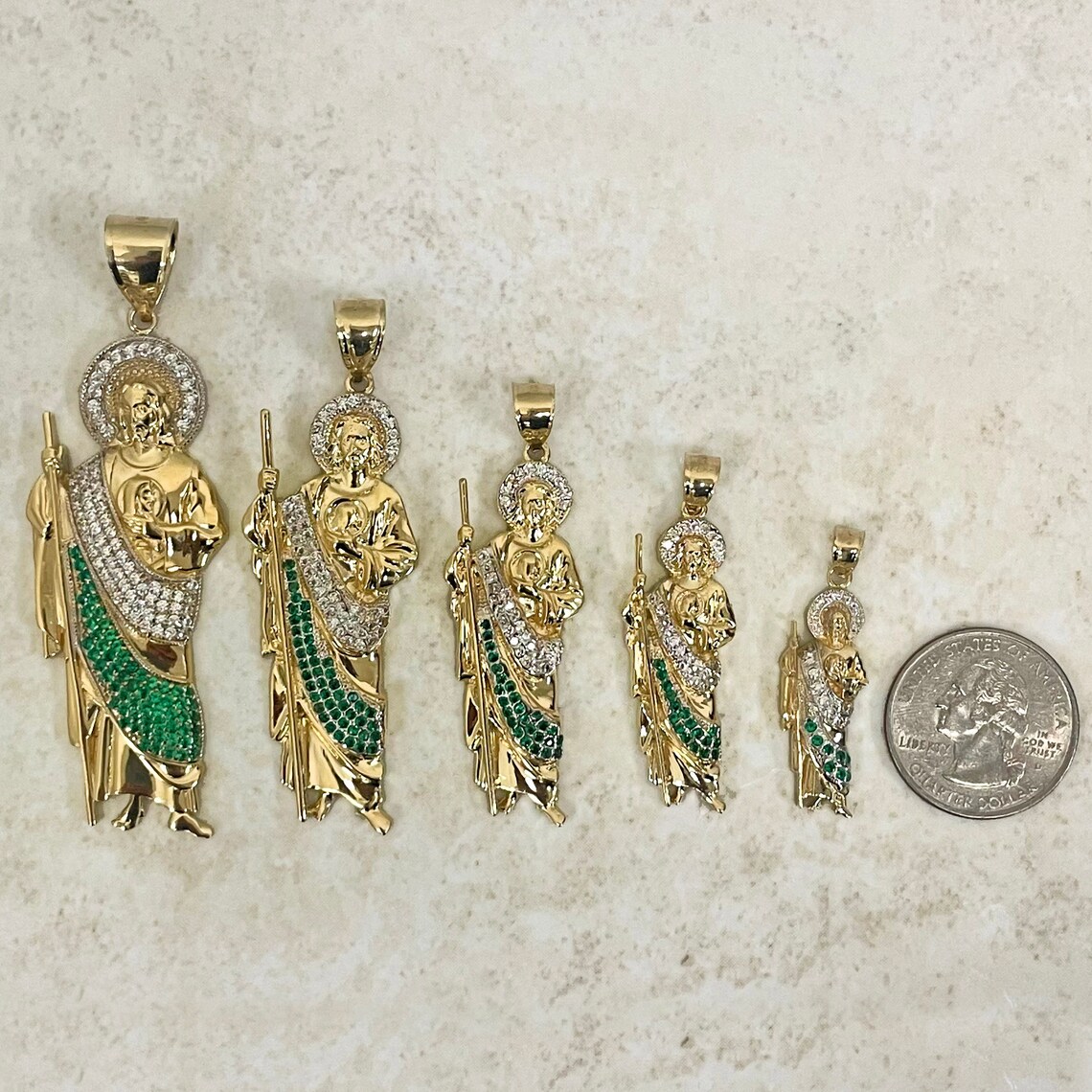 14k Yellow Gold St Jude Pendant – Green & White CZ Patron Saint - Etsy