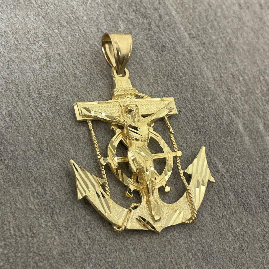 Solid 14k Yellow Gold Large Anchor With Jesus Crucifix Charm
