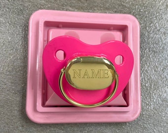 Solid 14k Yellow Gold Engravable Personalized Pink Baby Pacifier