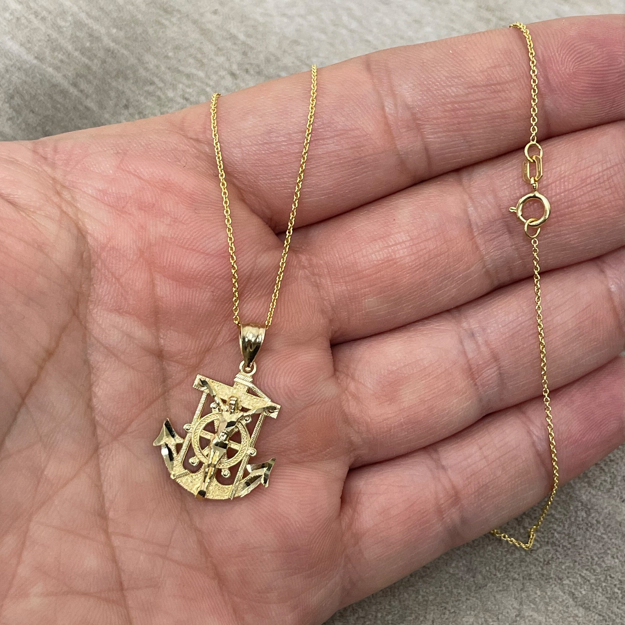 14K Yellow Rose Gold Jesus Crucifix Anchor Pendant -Mariner Cross Necklace Charm