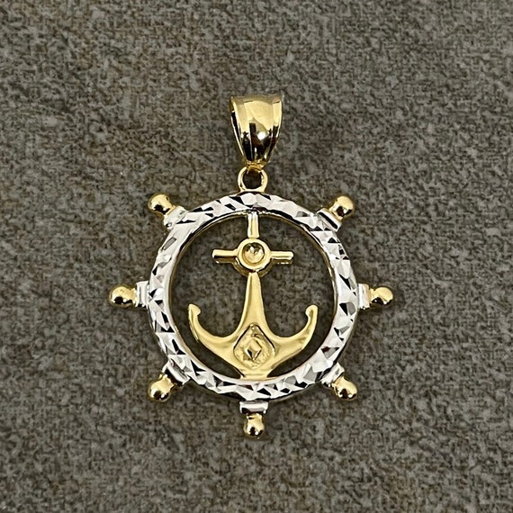 10k Gold Ship's Wheel with Anchor Pendant 18 10k Gold Ship's Wheel with Anchor Pendant 18