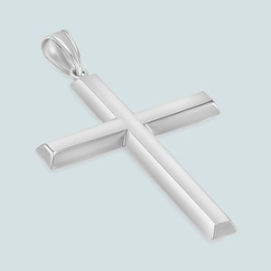 High Polish 14k White Gold Beveled Edge Religious Plain Cross Pendant with Horizontal Long Arms ( 43 x 28 x 2mm )
