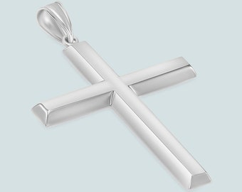 High Polish 14k White Gold Beveled Edge Religious Plain Cross Pendant with Horizontal Long Arms ( 43 x 28 x 2mm )