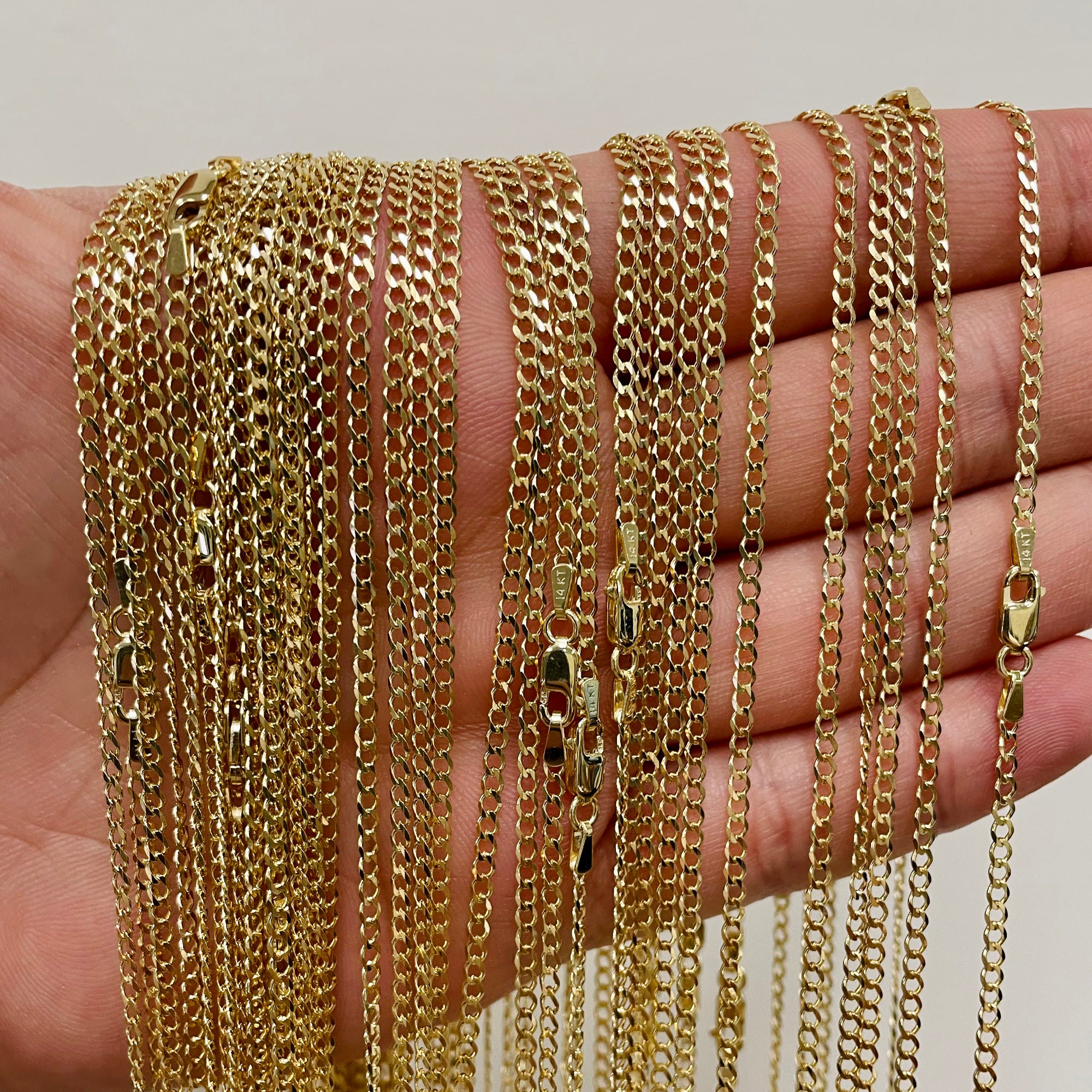 Solid 14k Yellow Gold 2mm Cuban Concave Curb Link Chain Necklace with Lobster Claw Clasp