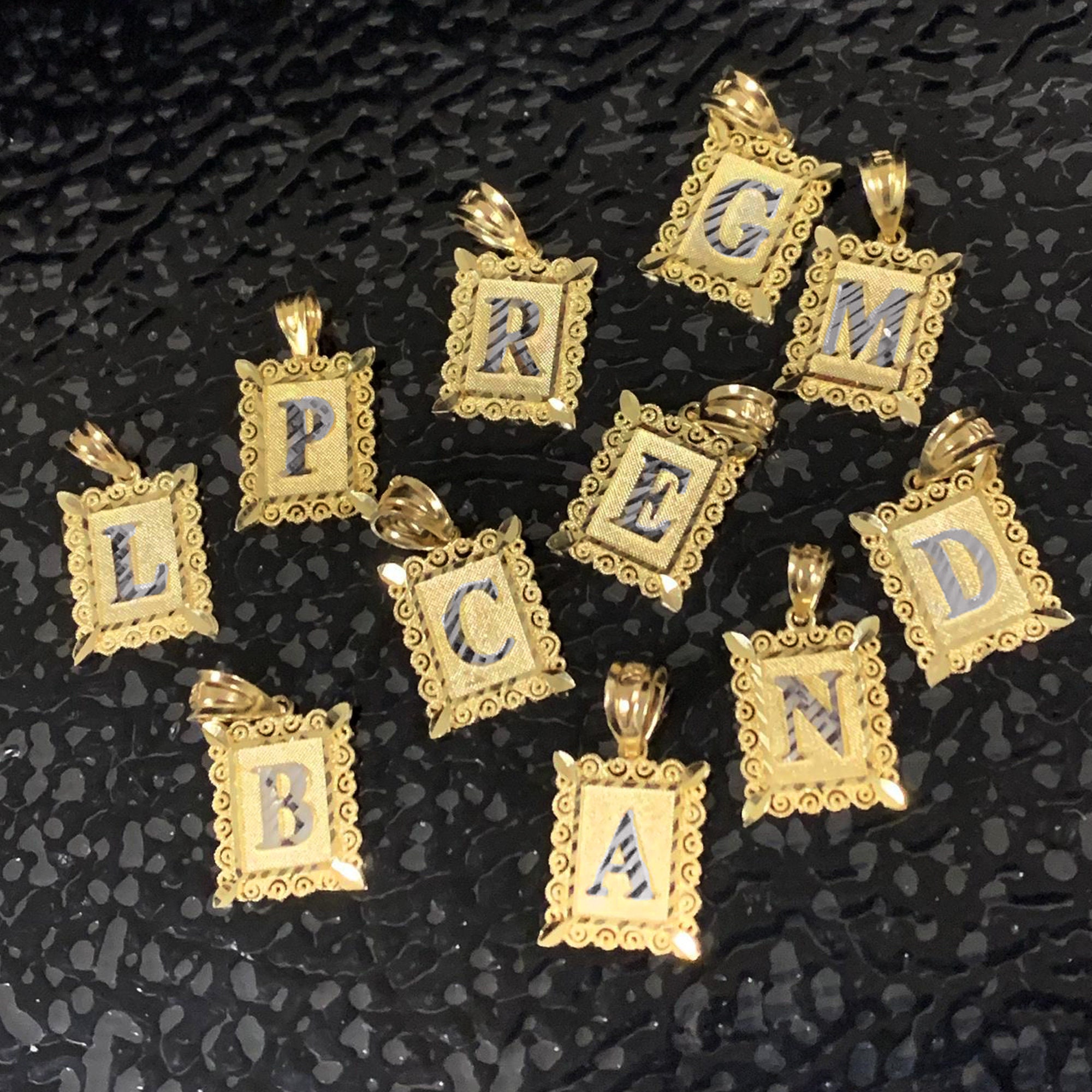 Solid 14K Yellow Gold Filigree Two-Tone Rectangle Uppercase Initial Letter Plate Pendant with or without Rolo Cable Chain Necklace