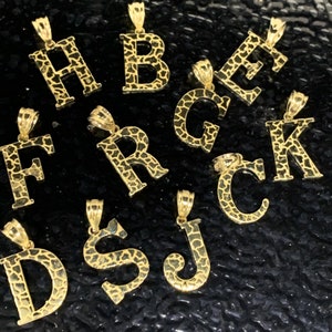 Solid 14K Yellow Gold Nugget Uppercase Initial Letter Charm Pendant with or without Rolo Cable Chain Necklace ( Height 22mm )