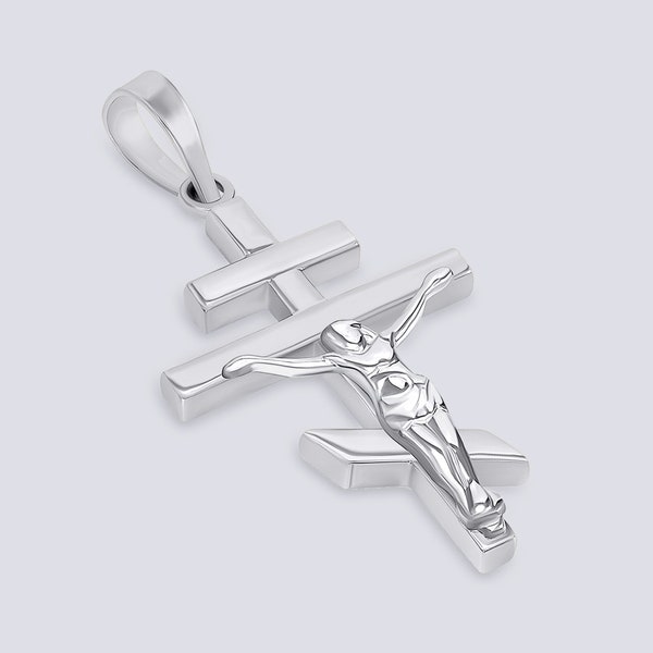 14k White Gold Orthodox Cross Charm Two Tone Crucifix Pendant Necklace - 3D Orthodox Cross Pendant