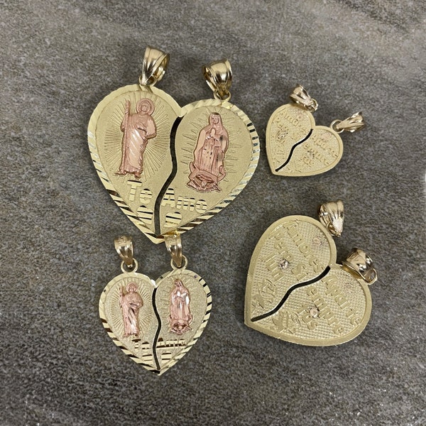 Solid 14k Yellow Gold and Rose Gold Breakable Te Amo Heart Guadalupe and Saint Jude Pendant - 4 Sizes Available