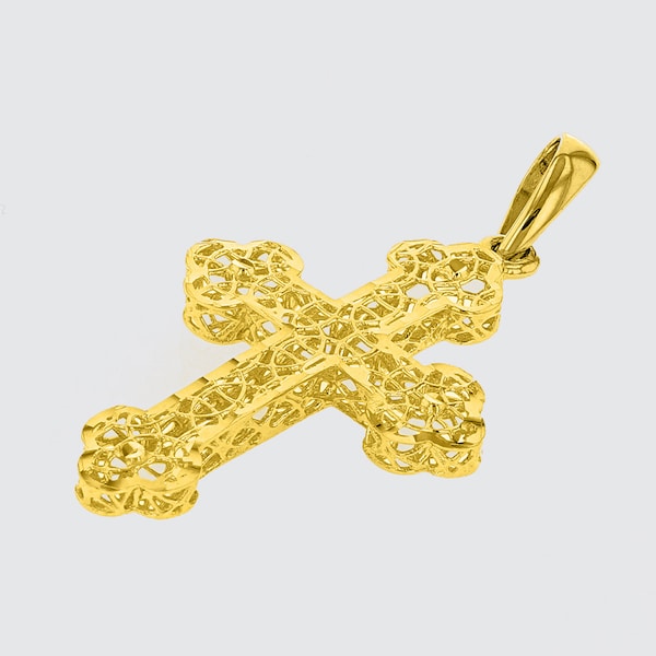 Collier pendentif à breloques croix orthodoxe orientale texturé en or jaune 14 carats fabriqué à la main avec motif en filigrane