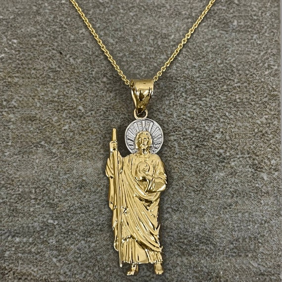 14k Yellow Gold Small St Jude Pendant Two tone 1.2 Inch Tall Saint