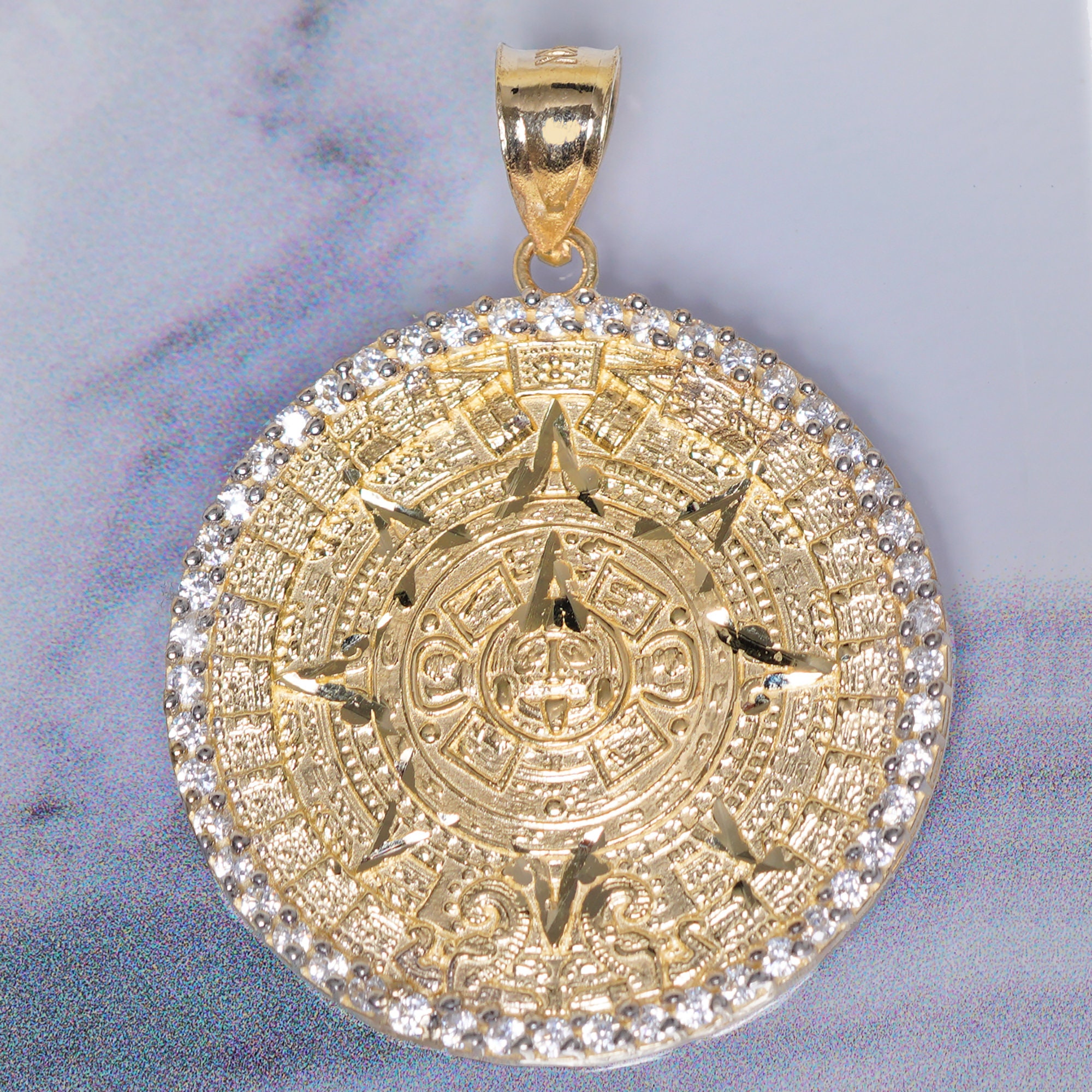 14k Yellow Gold CZ Aztec Calendar Medallion Pendant - Etsy