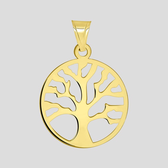14k Solid Yellow Gold Tree of Life Round Pendant for Necklace 30 mm