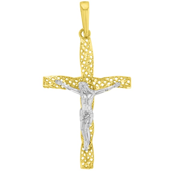 14K Two Tone Gold Jesus Crucifix Cross Charm Pendant with 0.9mm Wheat Chain Necklace