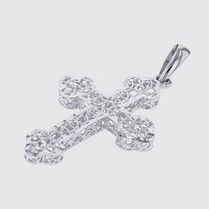 Handcrafted Textured 14K White Gold Eastern Orthodox Cross Charm Pendant Necklace with Filigree Design