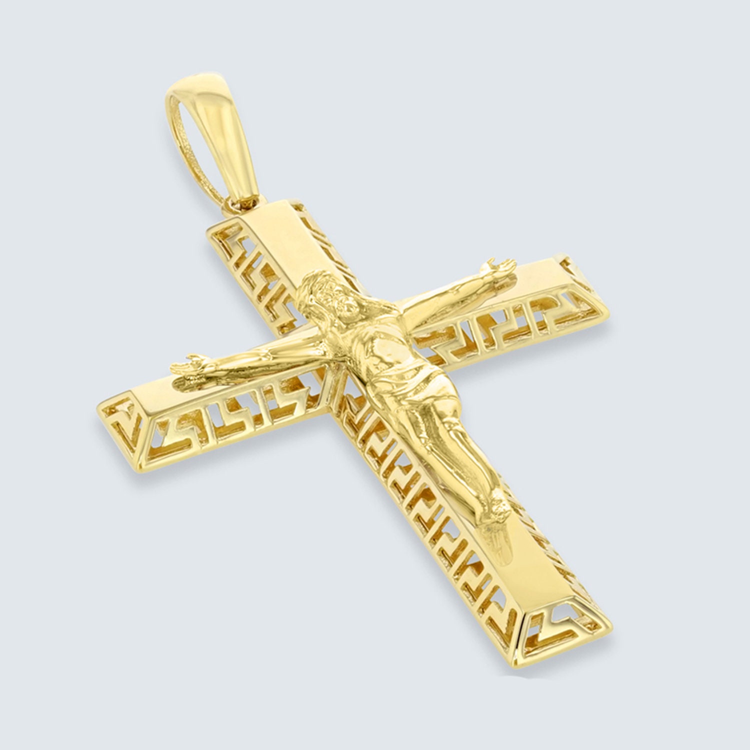 High Polished 14K Yellow Gold Plain Slender Large Cross Pendant with Chain Necklace High Polished 14K Yellow Gold Plain Slender Large Cross Pendant with Chain Necklace