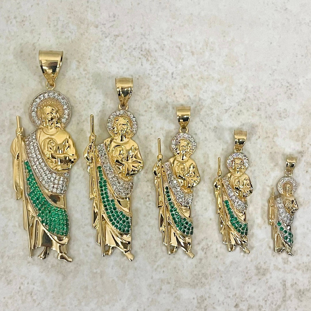 14k Yellow Gold St Jude Pendant – Green & White CZ Patron Saint - Etsy