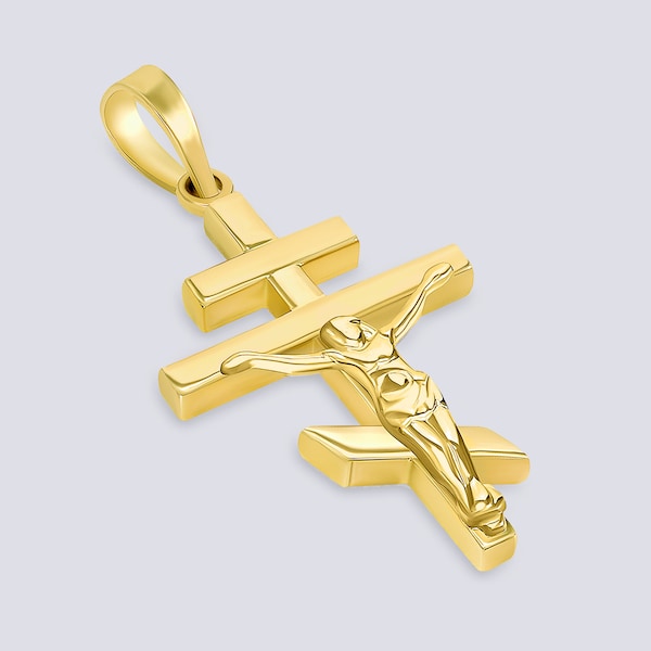 14k Yellow Gold Orthodox Cross Charm Crucifix Pendant Necklace - Gold 3D Orthodox Cross Pendant