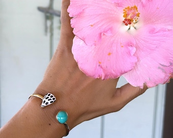 Beautiful Hebrew Cone Shell With Turquoise Open Cuff/14K Gold Filled Adjustable Cuff