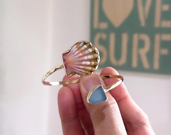 Gorgeous Colors Hawaiian Sunrise Shell With Beautiful Cornflower Sea Glass Twisted Cuff/14K Gold Filled Adjustable Cuff