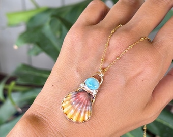 Beautiful Hawaiian Sunrise Shell With Larimar Stone 14K Gold Filled Pendant