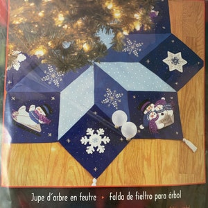 Retired Vintage Bucilla Let It Snow Felt Christmas Tree Skirt, 43” Felt Appliqué and Sequin Tree Skirt, Kit #84599, Snowmen, Snowflake, DIY