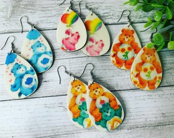 Care Bears Earrings, Nostalgic Jewelry, Lightweight Wood Earrings, Upcycled Paper Fashion, 80's Cartoon Upcycled Art