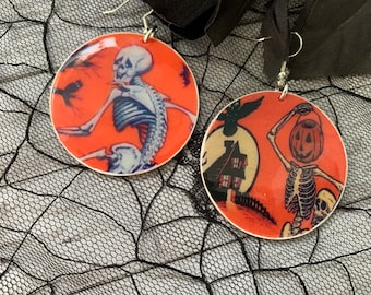 Skeleton Earrings, Vintage Halloween Dangles, Lightweight Wood Earrings, Spooky Season Accessory