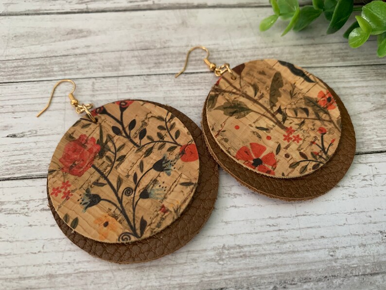 Floral Cork Layered Circle Earrings Bohemian Genuine Leather Earrings