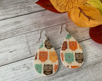 Cute Owl Earrings,  Fall Wood Dangles, Whimsical Autumn Accessory, Handmade Jewelry