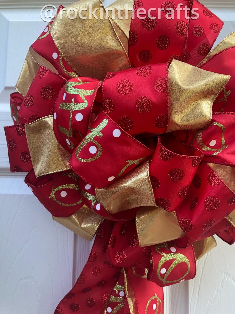Door Hanger Big Bow Elegant Red Gold Christmas Wired Ribbon Tree Topper Bow Garland Bow Holiday Large Bow Mantel Bow Decorative Bow