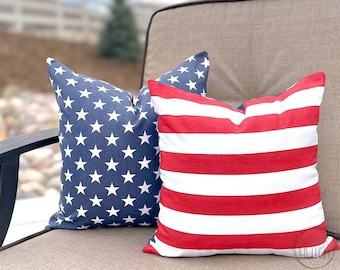 4th of July Reversible Pillow, American Flag Pillow Cover, Summer Pillow, Memorial Day Decor, Porch Pillow, Rustic Home Decor Pillow