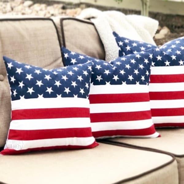 4th of July Pillow, American Flag Pillow Cover, Farmhouse Pillow, Summer Pillow, Memorial Day Decor, Porch Pillow, Rustic Home Decor Pillow