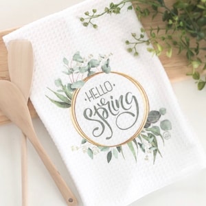 Hello Spring Tea Towel, Spring Kitchen Decor, Watercolor Tea Towel Eucalyptus decor, Kitchen decor, Farmhouse Decor Kitchen Dish Towel image 1