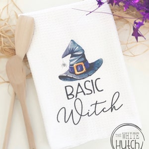 Basic Witch Tea Towel, Halloween Decor Tea Towel, Witch Kitchen Towel, Farmhouse Fall Towel, Halloween Decor, Trick or Treat Kitchen Towel image 2